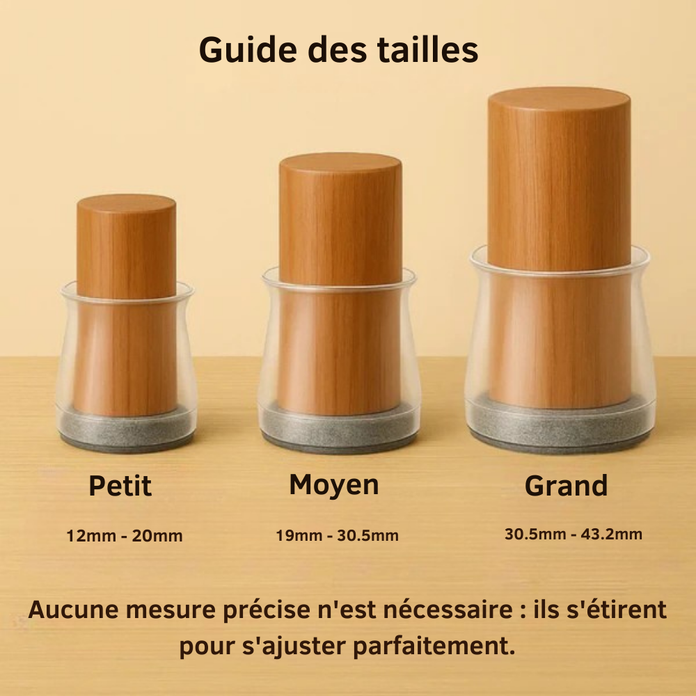 ChaiseFixe™ | Chaussettes invisibles et flexibles pour pieds de chaise – protégez vos sols contre les rayures